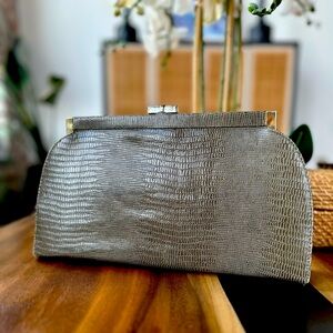 EVC Vintage Lizard Embossed Leather Clutch with Gold Clasp Hardware